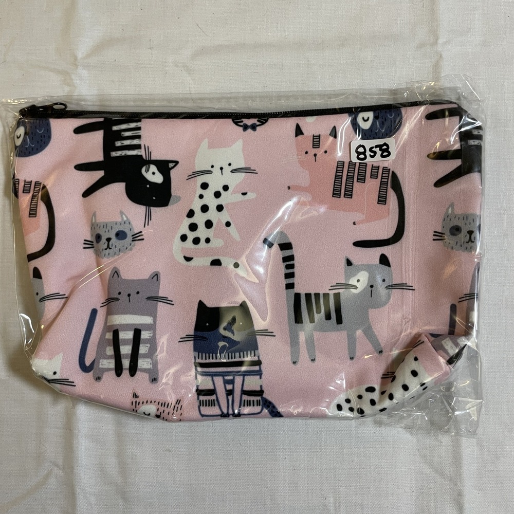 The Pouch Cosmetic Bag Women Small Pink NWT Cat Print Zipper Travel Pouch 8x5
